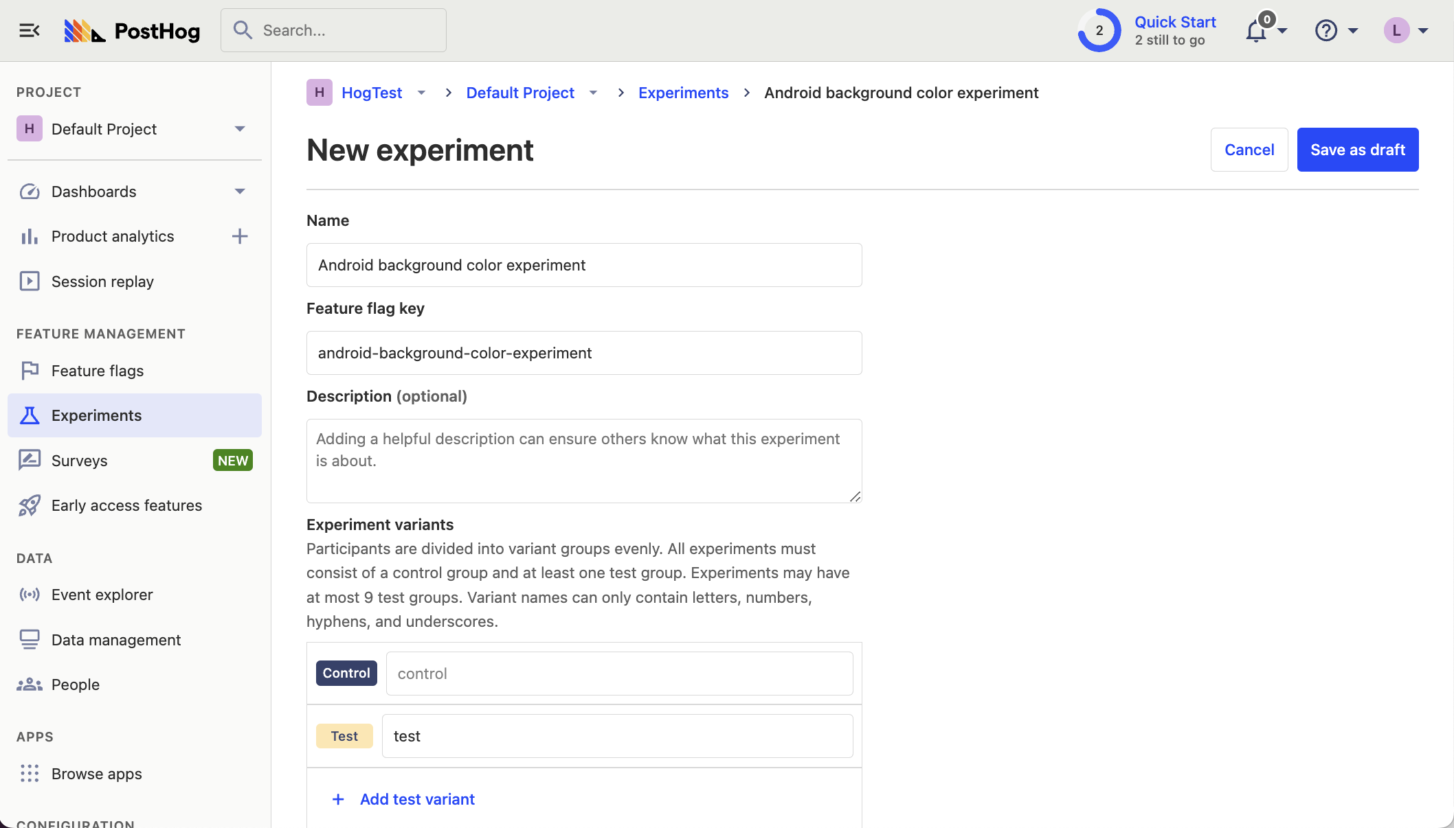 Experiment setup in PostHog