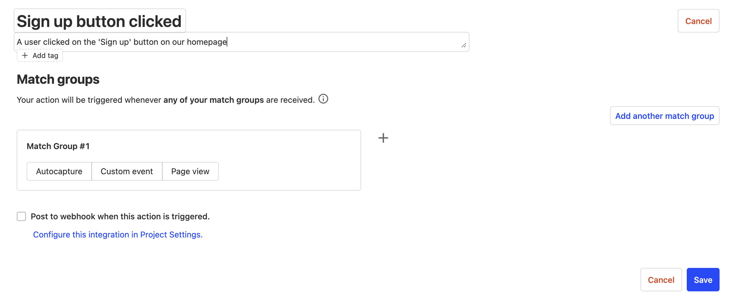 form to create a new action, with 'Sign up button clicked' set as the name